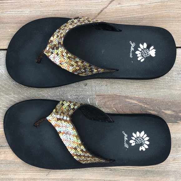 silver yellow box flip flops